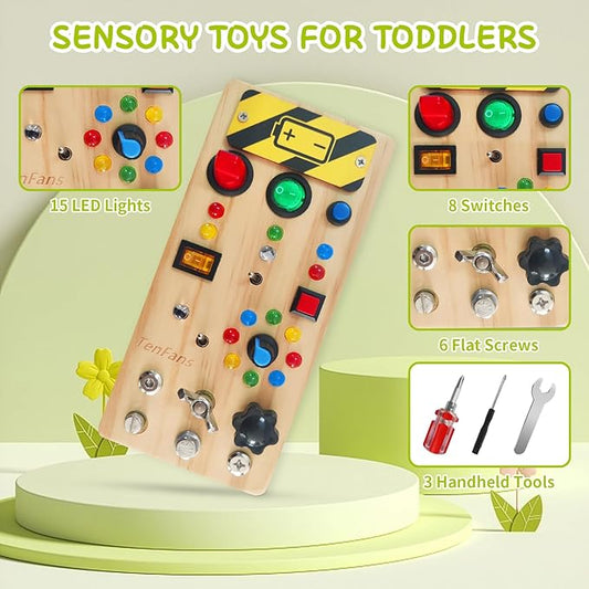 TenFans Montessori Busy Board with 8 LED Light Modes - Sensory Toys for 3-5 Year Olds & Airplane Travel, Wooden Activity Board Develops Fine Motor Skills