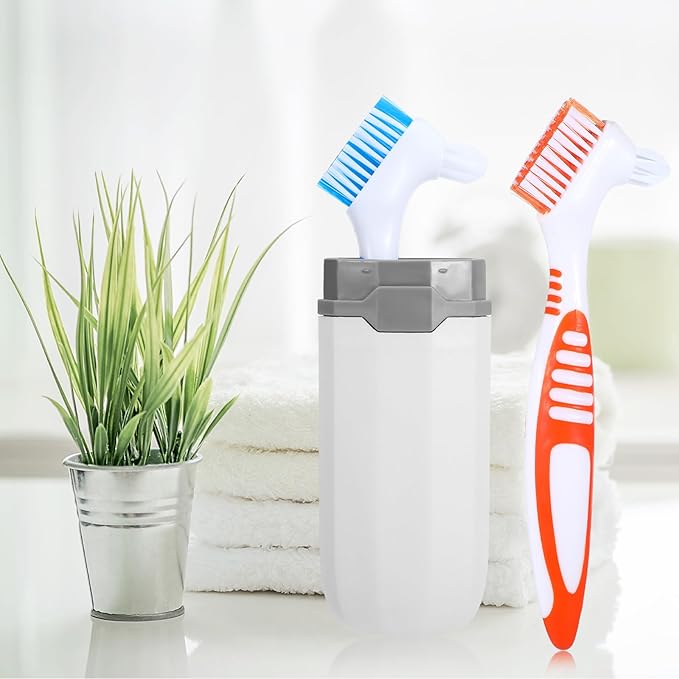 2Pcs Denture Brush, Denture Cleaning Brush Set with White Carrying Case Denture Toothbrushes with Multi-Layered Soft Bristles and Rubber Anti-Slip Handle (Blue + Orange)