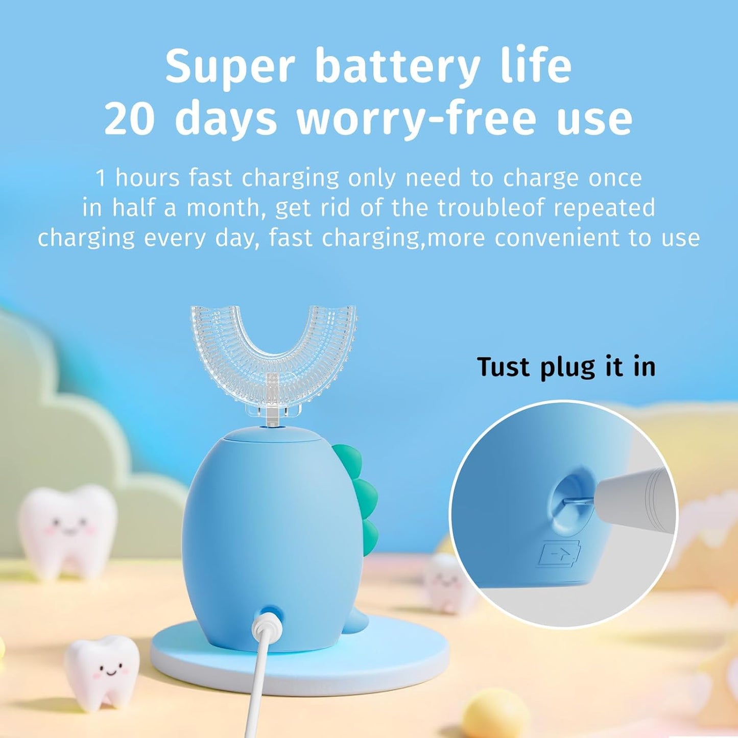 Kids U Shaped Electric Toothbrush,auto Sonic Baby Toothbrush,Cartoon Dinosaur 360-Degree Cleaning IPX7 Waterproof Design(2-7y)