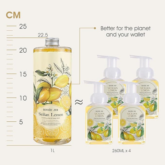 ROMIIE ZOI Hand Soap Refills Foaming 3pack (33.8 Fl Oz) + Reuseable Foam Soap Dispenser, Natural and Moisturizing Foaming Refills Kit, Lemon Hand Soap Refills