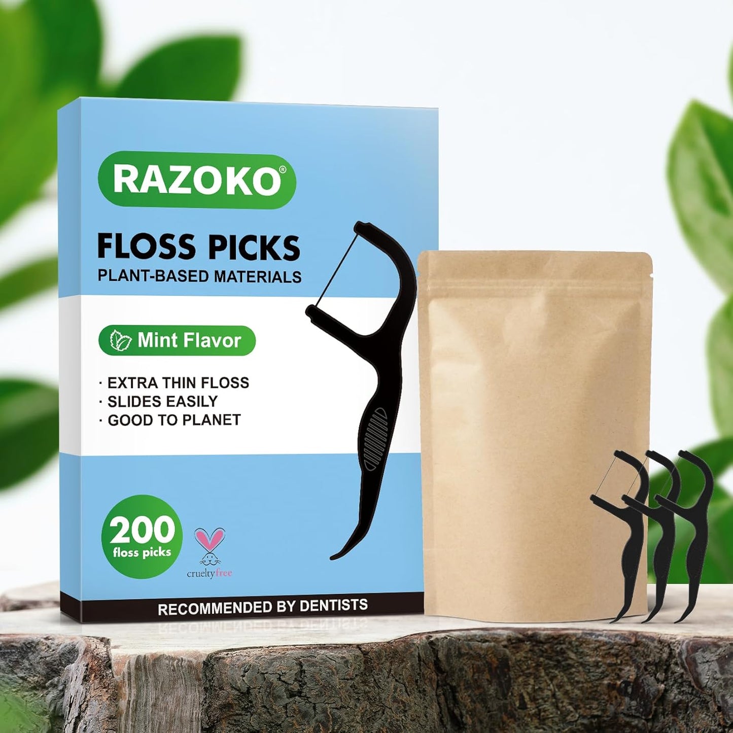 RAZOKO Biodegradable Dental Floss Picks, Charcoal Toothpick Stick Soft On Gum & Teeth, Plant Based Dental Floss Picks for Adults & Kids, 100 Count Mint