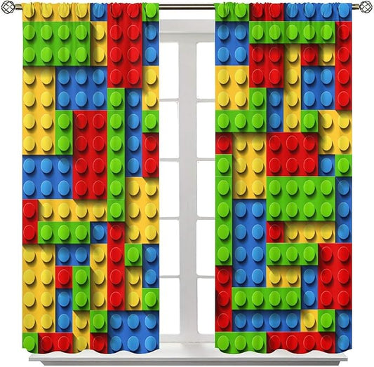 Kids Building Blocks Toy Curtains for Kids Room W72 x L63 Inch Rod Pocket Contour Plastic Colorful Toy Bricks Geometric Print Pattern Curtains for Boys Girls Bedroom 2 Panels