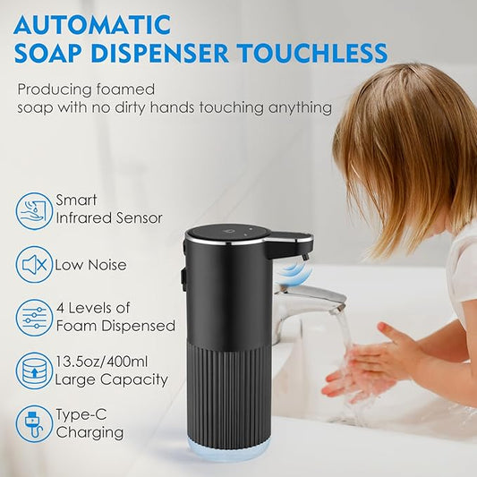 2 Pack Automatic Soap Dispenser Touchless, Rechargeable Foaming Hand Soap Dispenser, 4-Level Adjustable Foam for Bathroom Countertop, Electric(Black)