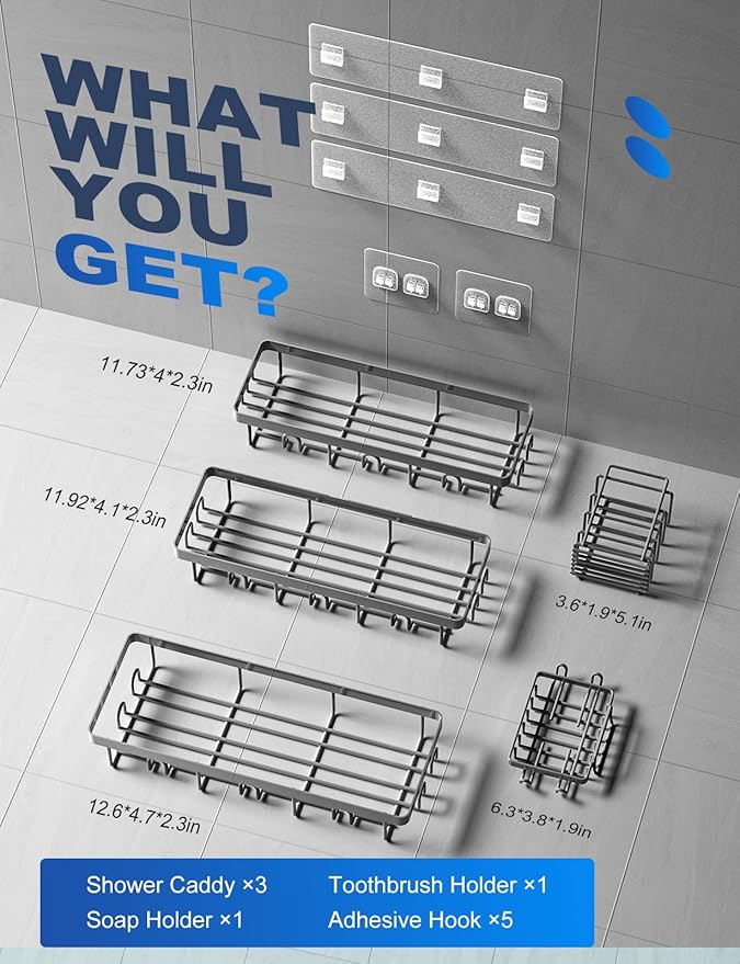 GVY Shower Caddy 5 Pack, Adhesive Shower Organizer Bathroom Shelves,Rustproof Bathroom Organizers and Storage for Home Decor, No Drilling Shower Shelves for Apartment Essentials