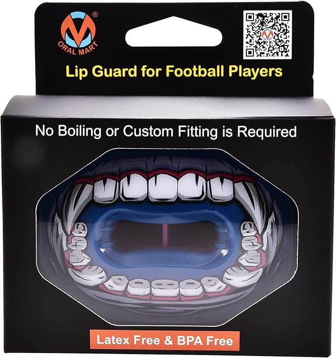 Oral Mart Flag Football Mouth Guard with 3D LipFit Design for Kids - Youth Tackle Football Mouthguard (No Boil) Cool Instant Fit Lip Guard Mouthpiece for Braces (Detachable Helmet Strap Included)