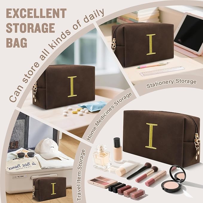 Personalized Initial Makeup Bag,Preppy Suede Cosmetic Bag for Teen Girls,Small Monogram Travel Toiletry Bag With Gold Embroidered Letter,Trendy Stuff Custom Christmas Gift for Women(Coffee-I)