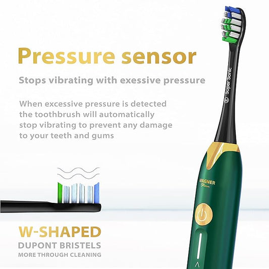 Wagner Stern Ultrasonic whitening Toothbrush with Pressure Sensor. 5 Brushing Modes and 4 Levels of Intensity, 8 Soft bristles, Travel case.