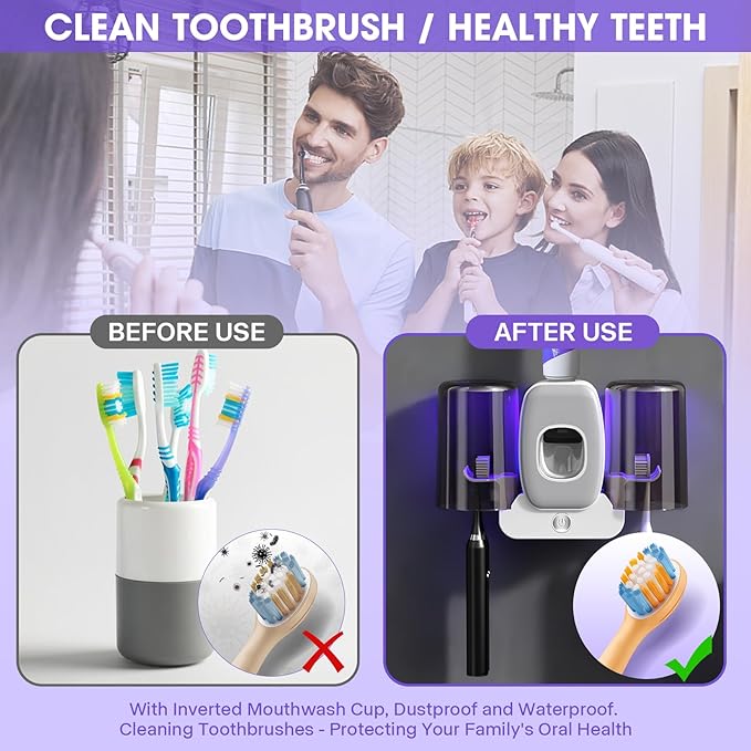 3 in 1 Toothbrush Cleaner Holders,Rechargeable Wall Mounted Toothbrush Holder Toothpaste Dispenser Automatic 2 Cups Tooth Brush Holder for Bathroom, No Drilling, 4 Slots (Grey)