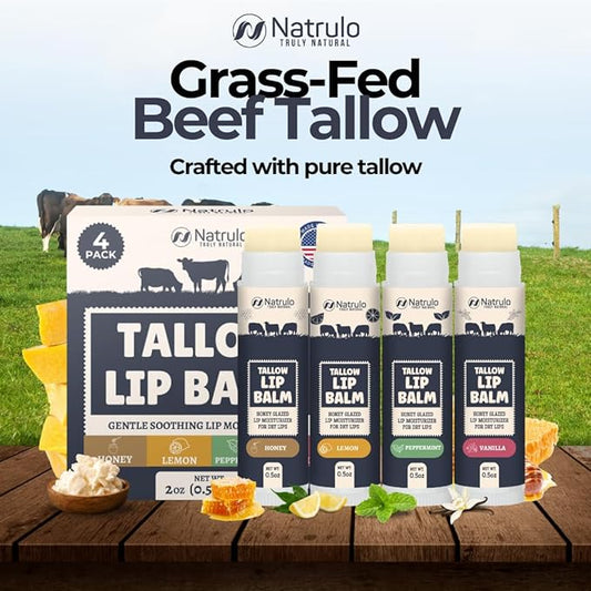 Beef Tallow Lip Balm – Natural Tallow Beeswax Chapstick – Hydrating Grass Fed Beef Tallow Honey Balm Lip Care – Soothes Chapped Dry Sensitive Lips – Long Lasting Vitamin Rich USA-Made Variety Pack