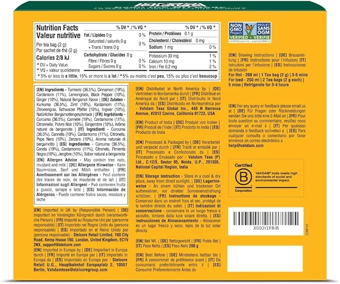 VAHDAM, Turmeric Spice Herbal Tea Bags (100 Pyramid Tea Bags) | Caffeine Free, Non GMO & Gluten Free | Turmeric Ginger Tisane with Cardamom, Cinnamon, Lemongrass & Black Pepper