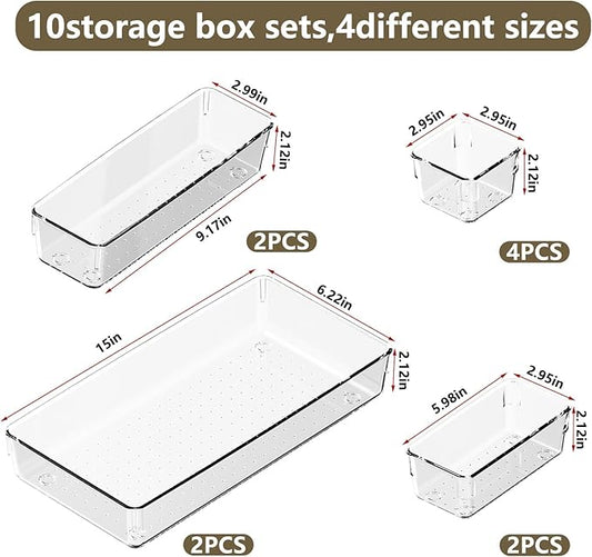 10 PCS Clear Plastic Drawer Organizer Set, 4 Sizes Acrylic Drawer Storage Trays Non Slip Storage Bins for Makeup, Jewelry, Gadgets for Kitchen, Bedroom, Bathroom, Office