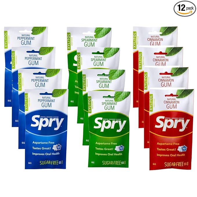 Spry On The Go Fresh Natural Xylitol Chewing Gum Dental Defense System - Aspartame-Free, Sugar-Free, Non-GMO (Variety, 55 Count - Pack of 12)
