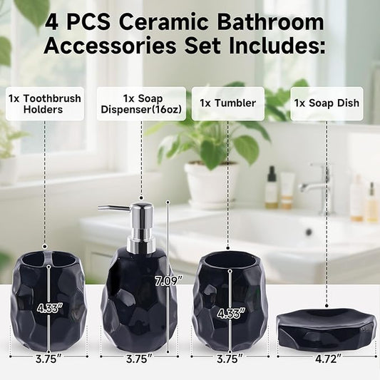 Ceramic Bathroom Accessories Set 4 PCS,Bathroom Toothbrush Holder Set,Soap and Toothbrush Holder Set,Include Toothbrush Holder,Soap Dispenser,Soap Dish,Tumbler,Bathroom Sets Decor Organizer (Black)