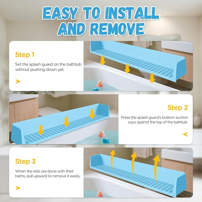 Splash Guard for Bathtub Kids - Silicone Bathtub Splash Guard with 11 Suction Cups, Bath Tub Play Shelf for Kids & Toy Holder, Prevent Water Spill in Bathroom, Fun Bath Time for Toddlers Baby, Blue