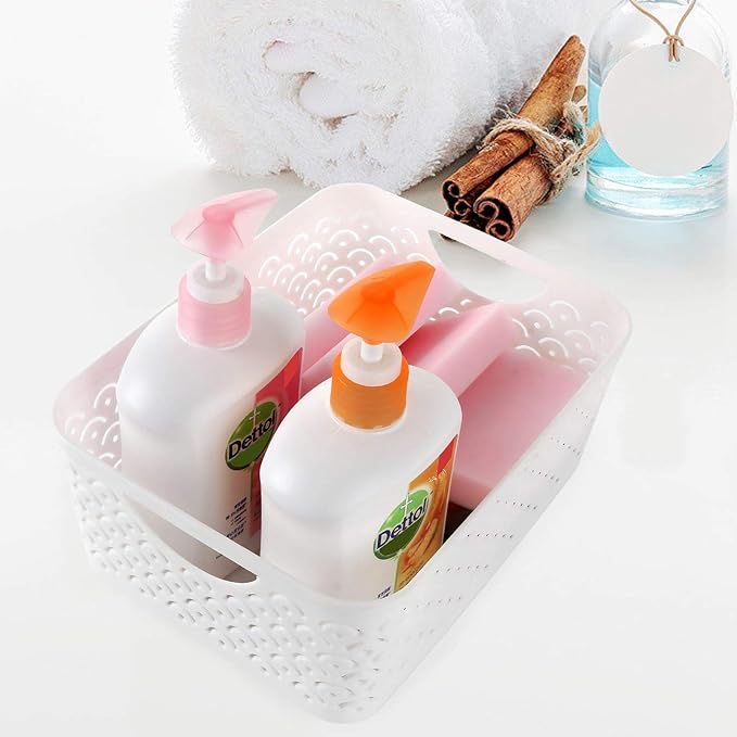 STARVAST 5 Pack Plastic Storage Baskets, Portable White Fish Scale Pattern Hollow Desktop Storage Bin Box with Handle for Kitchen, Bathroom, Kids Room or Nursery Storage – 9.4 x 7.1 x 4.1 inches