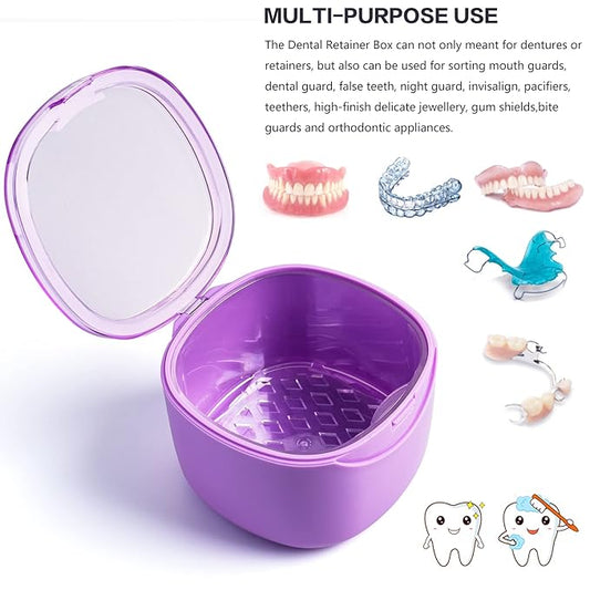 Upgraded Denture Bath Box Cup, No-Leak Denture case, Retainer Cleaning Box, Complete Clean Care for Dentures, Clear Braces, Mouth Guard, Night Guard & Retainers (purple)