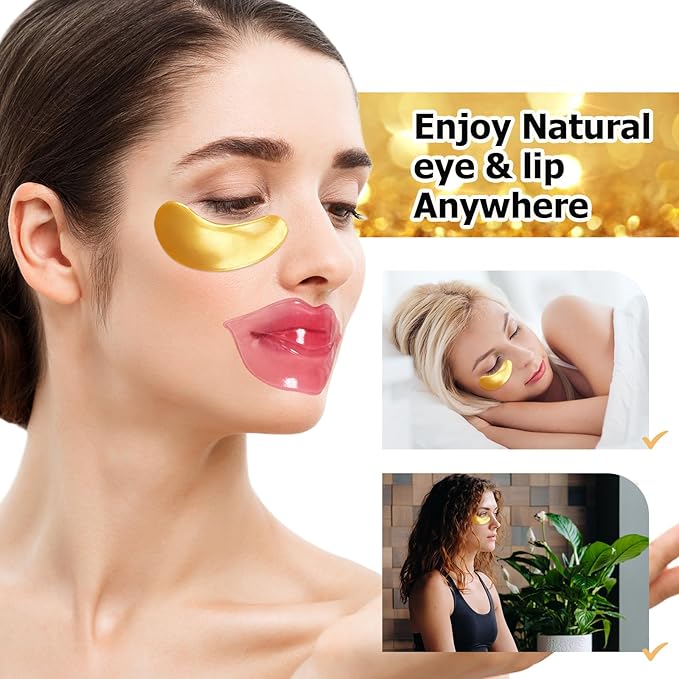 Jakuva 30 Pairs Lip Masks & Eye Masks,Gold Under Eye Patches for Puffy Eyes,Pink Lip Masks Skincare,Moisturizing Lip & Eye Skin,Anti-Aging,Reducing Fine Lines,Nourishing for Face Care