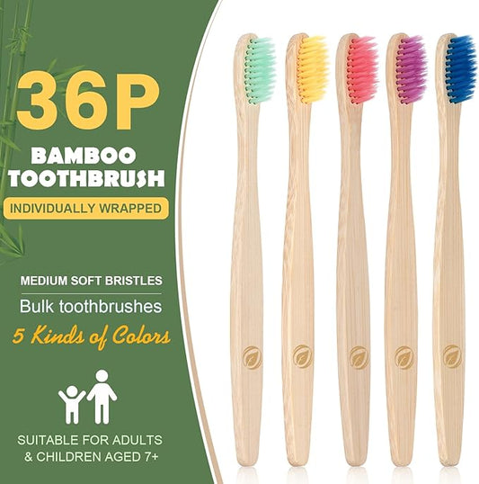 Navona 36 PCS Bamboo Toothbrushes, Kids Aged 7+ Toothbrush Pack, Eco-Friendly Natural Wooden Toothbrush Bulk, Individually Wrapped Bulk Toothbrushes,BPA Free Medium Soft Bristles