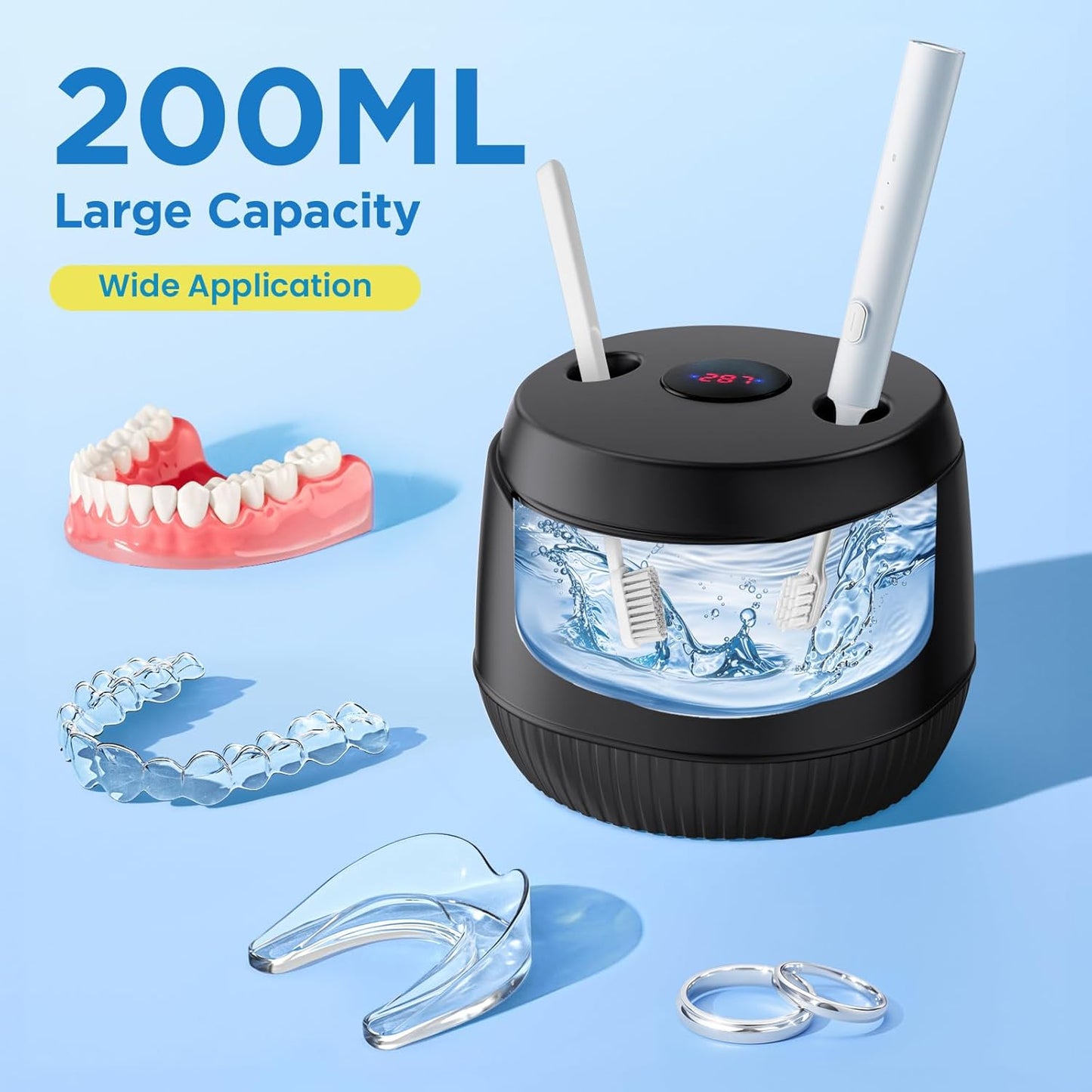 Dental Ultrasonic Retainer Cleaner Machine - Dental Cleaning Pod for Denture, Mouth Guard, Aligner, Night Guard, Braces, Toothbrush Heads, Jewelry, 45kHz Retainer Cleaner with Digital Timer & 200ML