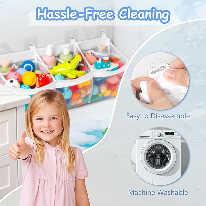 Criusia Extra Large Bath Toy Organizer with 3 Compartments and Multiple Pockets, Quick-Dry Mesh Bathtub Storage for Kids' Toys