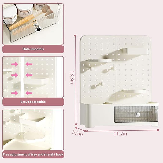 Makeup Organizer for Vanity, Aesthetic Cosmetic Storage Rack with Drawer and Pegboard Hooks, Adjustable Shelves Skincare Organizer for Bathroom Countertop, Cream White