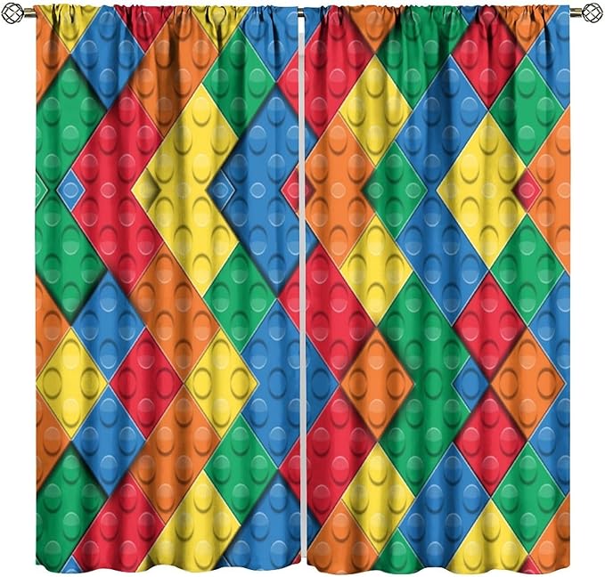 Kids Building Blocks Toy Curtains Boy Girl Room Printed Curtains Abstract Colorful Bricks Children's Nursery Blackout Curtains 42x54 Inches 2 Panels