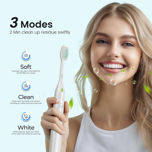 Sonic Electric Toothbrush for Adults - Type C Rechargeable Portable 3 Modes White Sonic Electric Toothbrush with Travel Kit
