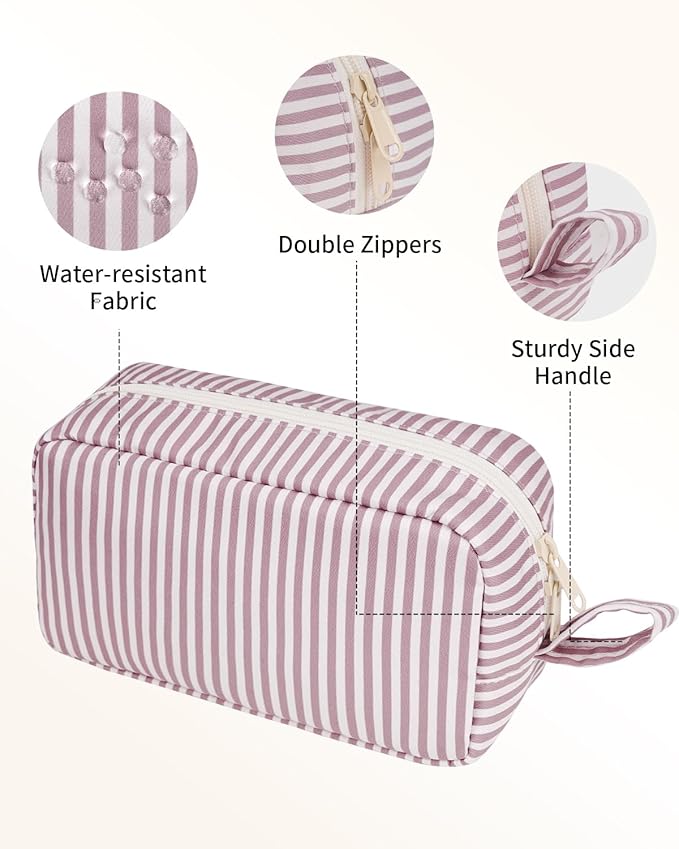 Narwey Cute Makeup Bag Small Toiletry Bag Travel Cosmetic Bag Organizer Make Up Bags with Organized Pockets for Women (Dusty Rose Stripe, Large)