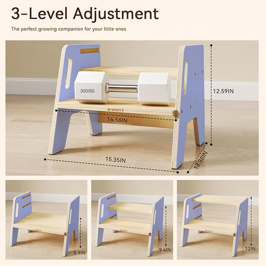 Wingyz Toddler Step Stool with Handles, Wooden Kids Step stools, Durable 3-Level Height Adjustable Stepstool for Bathroom Sink, Kitchen, Bedroom,Potty Training