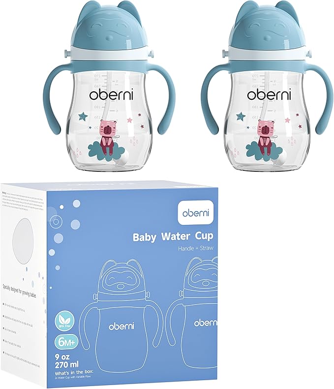 No Spill Sippy Cups, Double Sealing Leakproof Water Bottle with Weighted Straw and Non-Slip Handle for Toddler 1-3 Years, Tritan Baby Cups 12+ Months, 270ml/9oz (2Pack,Blue)