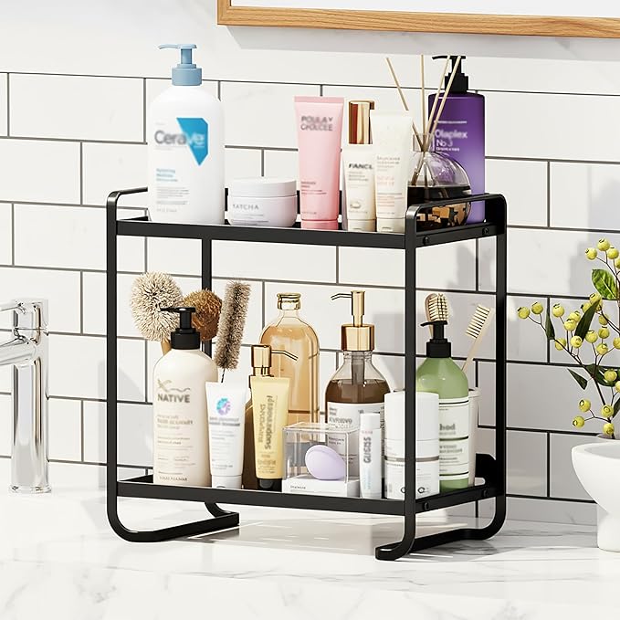 2-Tier Black Carbon Steel Bathroom Counter Organizer - Skincare Cosmetic Display Tray for Perfume, Makeup๏ผBathroom, Vanity Storage - Modern Countertop Organizer and Vanity Decor