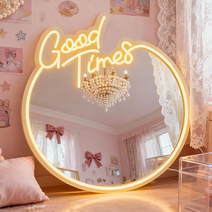 Good Times Neon Sign Mirror, Retro Dimmable Circle Wall Decor with Warm White Light, USB Powered Acrylic Mirror for Bedroom, Living Room