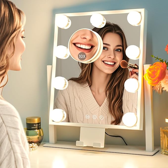 Kottova Lighted Makeup Mirror, Hollywood Vanity Mirror with Lights, Three Color Modes, with Detachable 10x Zoom Mirror, Smart Touch Control, Metal Frame, 360° Rotation(14.1in,White)