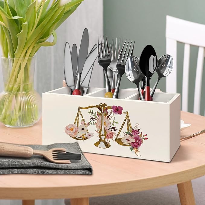 Lawyer Attorney Gifts for Women Pen Pencil Holder for Desk, Lawyer Graduation Gifts, Floral Scales of Justice Wooden Box Decorative Sign for Home Office Desk Tabletop Decor