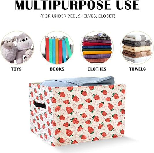 Pink Bow Strawberry Storage Basket Bins With Handles for Girls Kids, Preppy Pink Bow Aesthetic Foldable Organizer Basket Toybox for Girls Room Nursery Bedroom Bathroom Clothes Toys Books