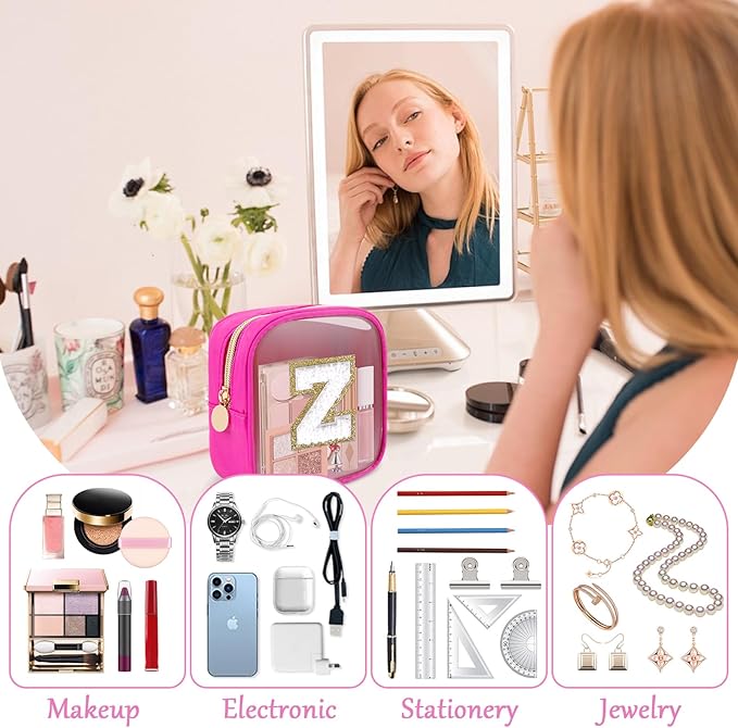 Personalized Initial Letter Clear Preppy Makeup Bag,Mini Nylon Chenille Letter Cosmetic Bag Cute Zipper Pouch Coin Purse for Teen Girls,Portable TSA Approved Travel Essentials Bag Gift for Women,Z