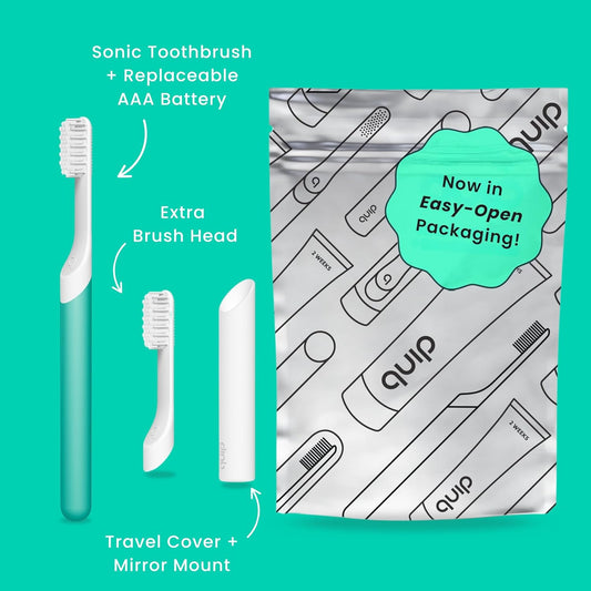 Quip Sonic Toothbrush for Adults with Timer - Includes Extra Brush Head and Travel Cover Mount - Electric, Soft Bristle Refill Head, Plastic Handle, 3 Month Battery Life - Travel Toothbrush - Green