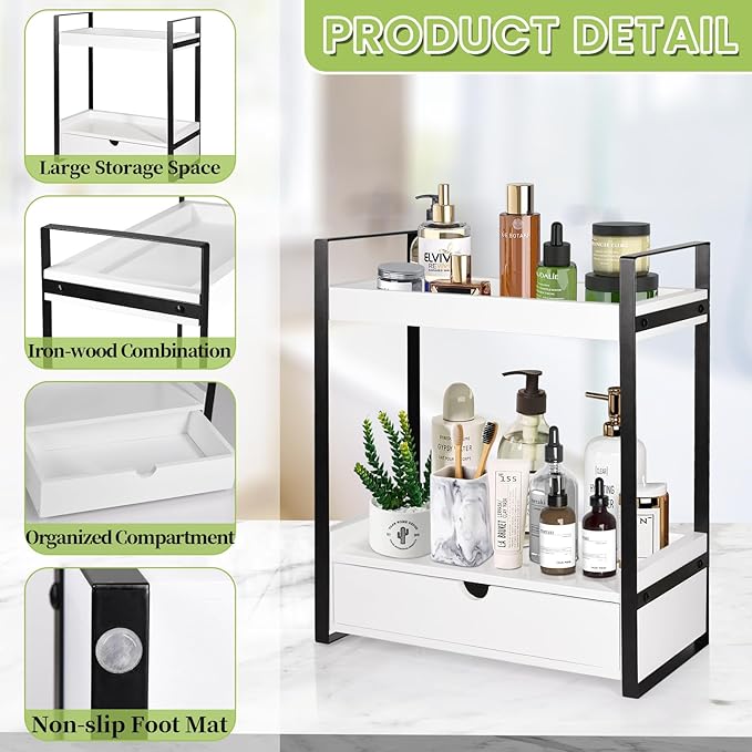 2-Tier Bathroom Organizer Countertop with Drawer, Wood Counter Shelf for Storage, Vanity Tray for Bathroom Organization and Decor, Countertop Organizer for Kitchen, Office (White)