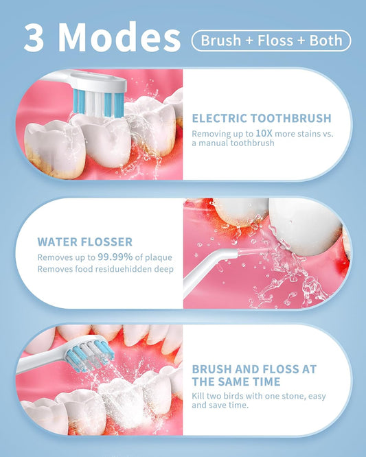 Electric Toothbrush with Water Flosser – 2-in-1 Teeth Cleaning Kit, Electric Toothbrush and flosser Combo,Toothbrush with 3 Cleaning Modes, Portable Water flosser Design for Home & Travel (White)