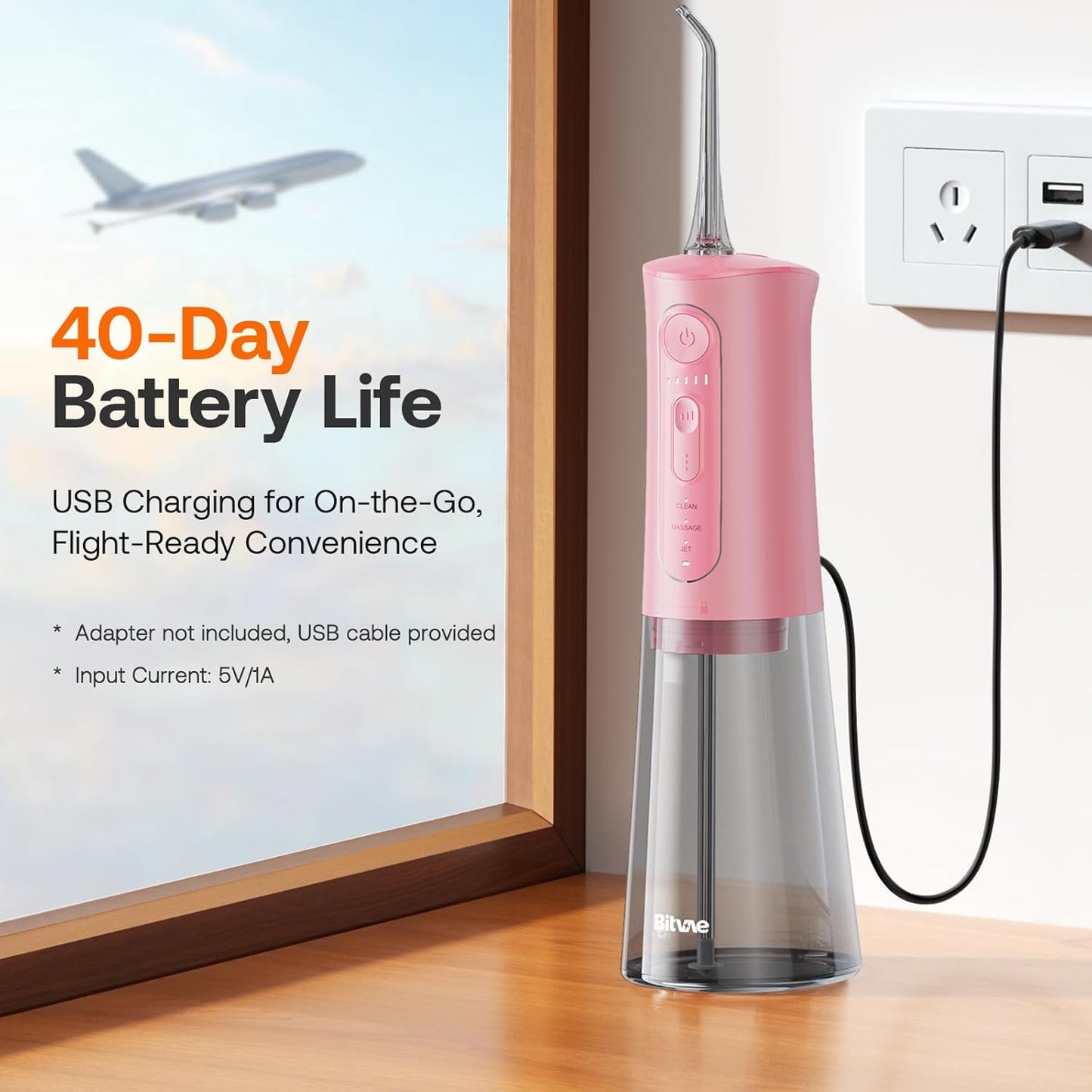 Bitvae Water Dental Flosser Teeth Picks, Cordless Portable Oral Irrigator, Powerful and Rechargeable Oral Irrigator, Brace Care, IPX7 Waterproof Water Dental Picks for Cleaning, Quartz Pink