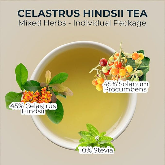 Natural Celastrus Hindsii Tea with Solanum Trilobatum & Stevia - 55 Count (+5 Tea Bags) - 4.59 oz, Bamboo Tong, Re-Steep Herbal Detox Tea Blend for Relax, Energy & Inner Health Support