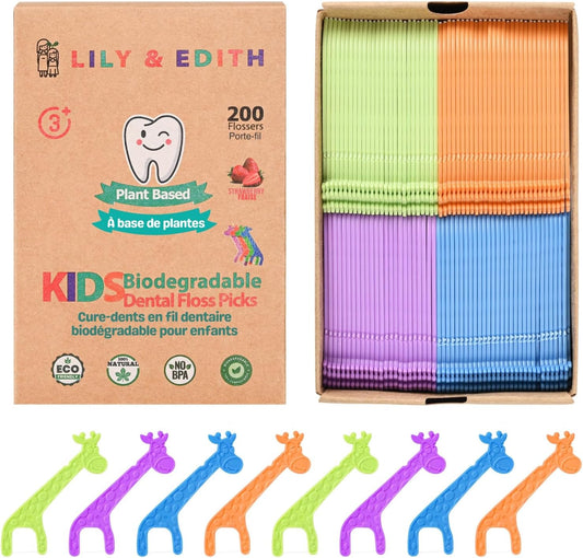 LILY & EDITH Kids Plant Based Dental Floss Picks 200 Counts, Fluoride Free, Corn Starch Material, Chemical Free, Fun Animal Flossing Sticks, Ultra Sturdy Thread, Zero Waste Package (Strawberry)