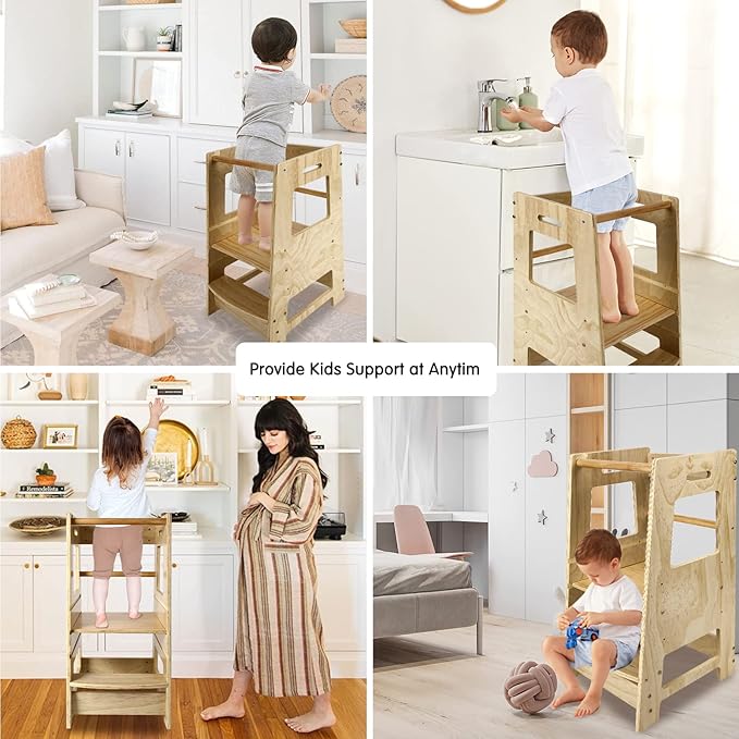 ECOMEX Toddler Standing Tower Kitchen Step Stool for Kids - Adjustable Height Learning Stool with Removable Safety Rail for Bedroom, Bathroom, Natural
