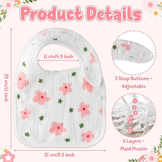Zainpe 6Pcs Snap Muslin Cotton Baby Bibs Flowers Strawberry Patterns Infants Drooling Bib Soft Absorbent Adjustable Feeding Burp Cloths for Newborns Boy Girl Toddlers Teething Eating 0 to 36 Months