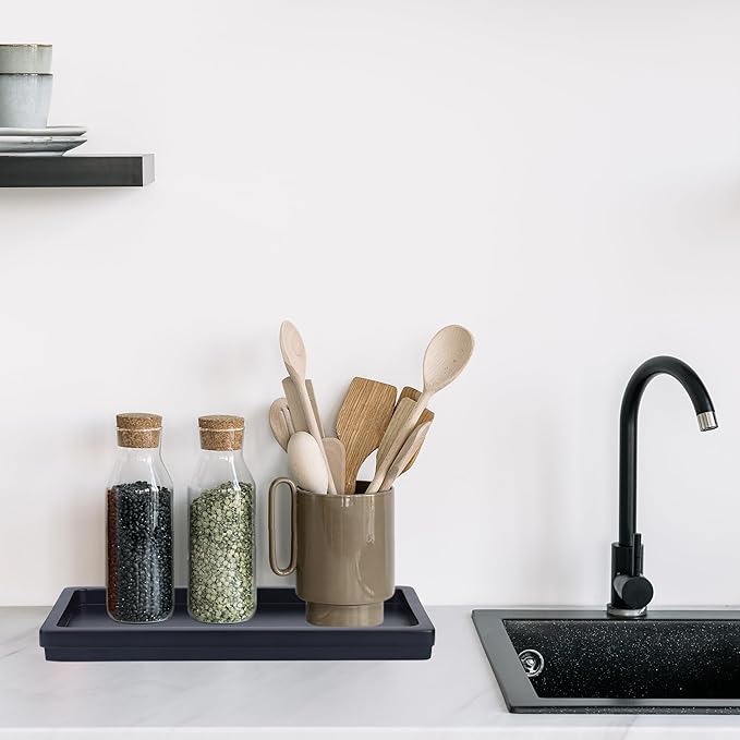 Acacia Wood Decorative Vanity Tray - 11.8 x 5.9 inches Suitable for Countertop Bathroom Sink Dresser Toilet Tank - Modern Decor Tray for Keys Wallets Towels Perfumes Plant Pots (Black)