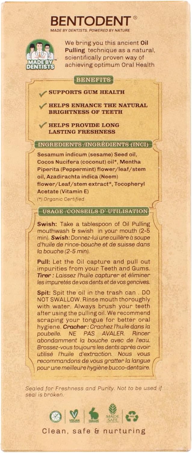 Bentodent Coconut Oil Pulling, Powerful Neem & Mint, Dual Strength of Sesame & Coconut Oil, Oil Pulling rinse for teeth & gums, Zero Sugar & No Alcohol mouthwash for Fresh Breath & Whitening,6 fl. oz.