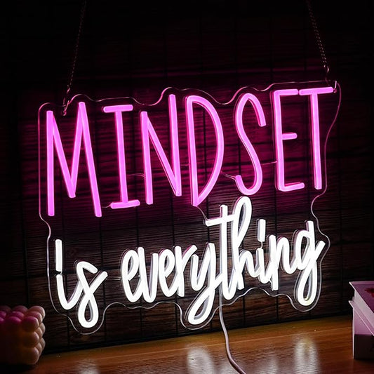 Mindset is Everything Neon Sign Dimmable Inspirational LED Light Up Sign for Wall Decor USB Powered Positive Quotes Motivational Neon Light for Office School Home Led Decor (Pink White)