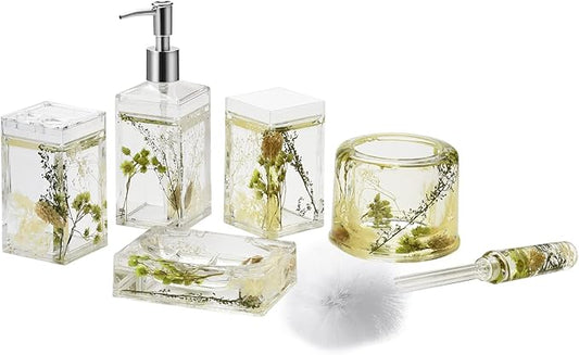 Locco Decor 5 Piece Acrylic Liquid 4D Floating Motion Bathroom Vanity Accessory Set Garden Botanic Green Plants Toothbrush Holder, Tumbler, Soap Dispenser, Soap Dish, Toiletbrush Holder Set