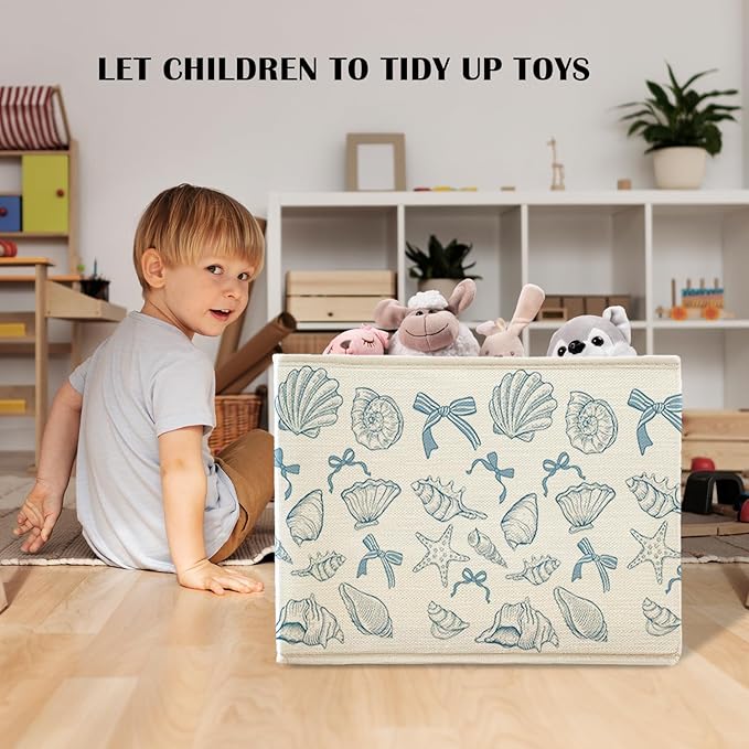 Coquette Blue Bow Ocean Storage Bin Box With Handles for Girls Kids, Bow Coastal Nautical Foldable Organizer Basket Toybox for Girls Room Nursery Bedroom Bathroom Clothes Toys Books