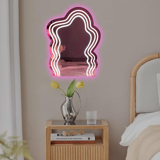 Wavy Mirror Neon Sign Neon Wall Art Sign for Wall Decor LED Neon Mirror Light Sign for Girls Room Bedroom Wedding Birthday Party